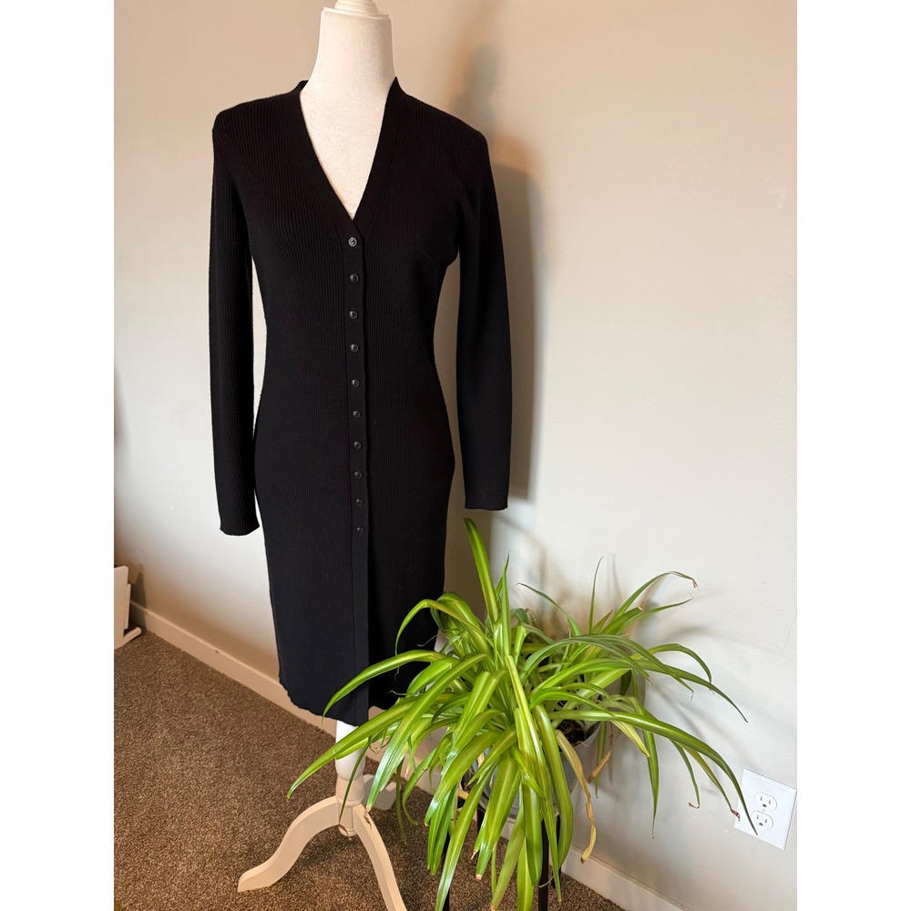 Carlisle Sweater Dress Black Merino Wool Rib Button Front Midi Career capsule M
